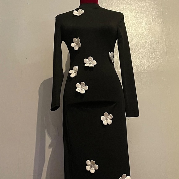 SHEIN White Floral Decor Black Stand Collar Long Sleeve Maxi Dress Size XXS - Picture 10 of 16